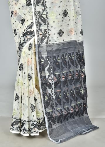 Saree Niketan Bengal Traditional Women's Cotton Silk Soft Jamdani Saree - Without Blouse Piece, White & Black