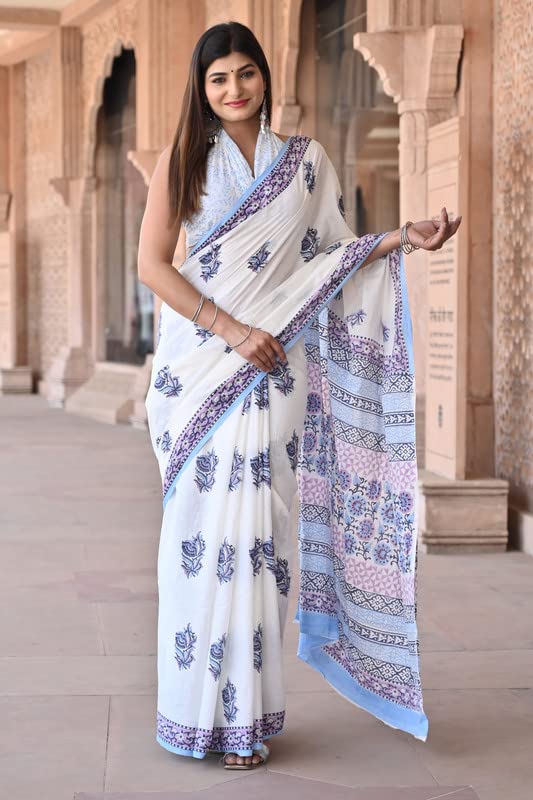 Shivanya Handicrafts Women's Hand Block Print Mulmul Cotton Sarees with Attach Blouse Piece (SH-1444, White)