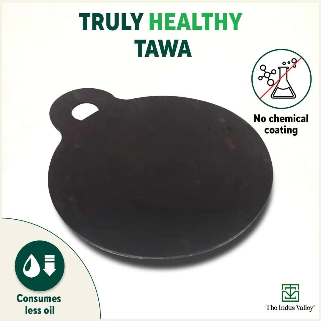 The Indus Valley Pre-Seasoned Iron Tawa with Wooden Spatula & Flip for Dosa/Chapathi | 28cm/11 inch, 1.5kg | Gas Compatible | 100% Pure & Toxin-Free, No Chemical Coating
