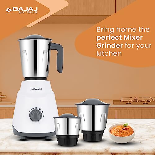 Bajaj Ninja Series Contempo 500W Mixer Grinder|3 Stainless Steel Jar|DuraCut Blades by Bajaj|2-in-1 function blade| Pulse Mode| 2 Warranty by Bajaj| Grey
