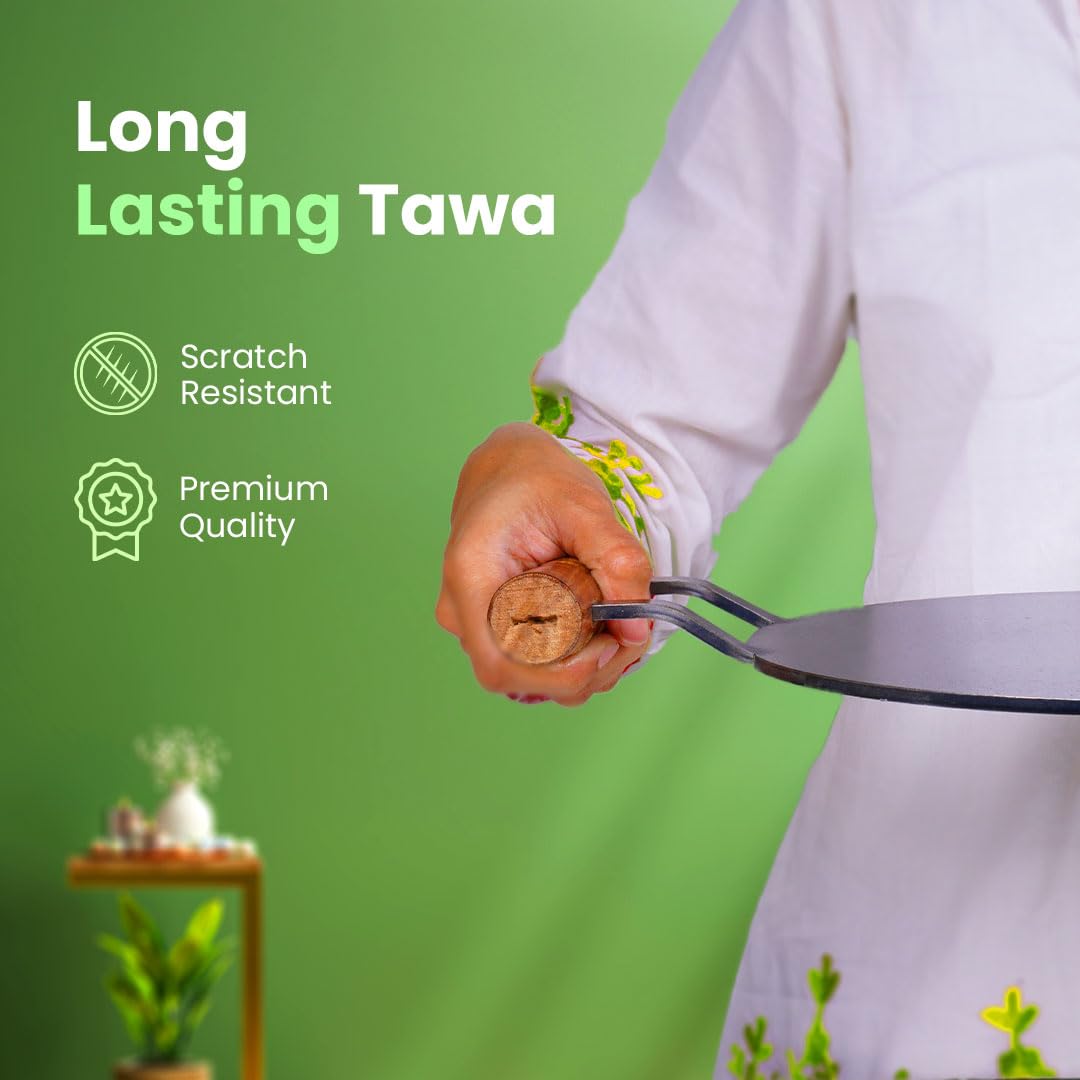 The Indus Valley Pre-Seasoned Round Iron Tawa with Wooden Handle | 12inch/30.4cm - 3.22kg | Induction Friendly | Pre-Seasoned Tawa, 100% Pure & Toxin-Free, No Chemical Coating