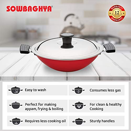 SOWBAGHYA Non Stick Aluminium Deep Appakadai - Red - Appam Maker Non Stick with Lid - Appam Chatty Non Stick - Appachatti - Appam Kadai - Ideal for Indian Cooking (Aluminium, 2.6 mm Thickness)