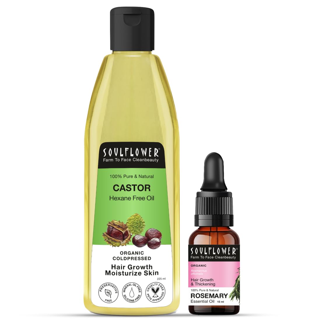 Soulflower Rosemary Essential Oil & Castor Oil for Hair Growth, Hair Fall Control, Hydrating & Moisturising Face & Skin | 100% Pure, Natural, Organic, Ecocert Certified| Pack of 2, 240ml