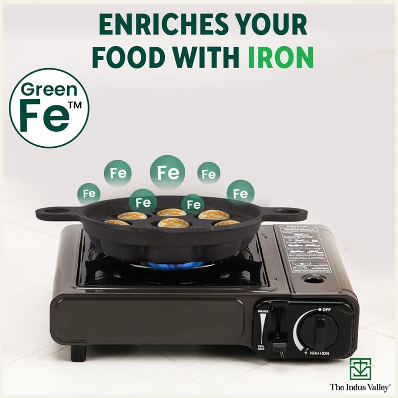 The Indus Valley Super Smooth Cast Iron Paniyaram Pan | Small, 9pit, 8.2 Inch/20.8cm, 2.7kg | Induction Friendly | Nonstick, Pre-Seasoned, 100% Pure & Toxin-Free, No Chemical Coating, Black