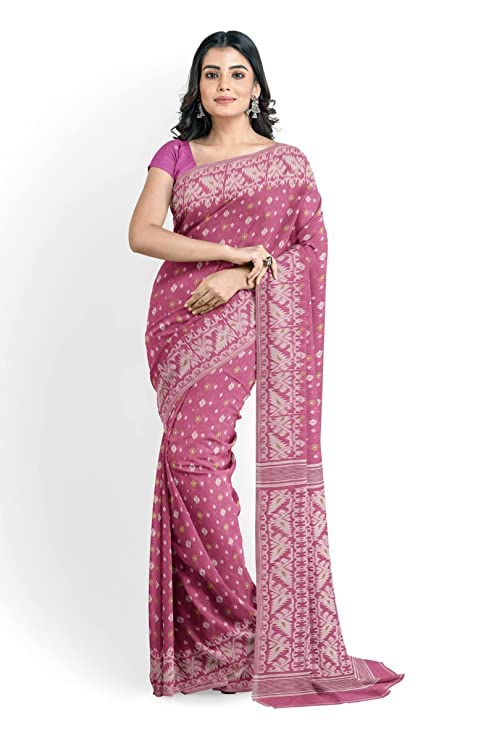 Anchol Saree Women's Traditional Bengal Cotton Silk Jamdani Saree. (Deep Pink)