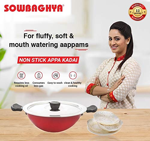 SOWBAGHYA Non Stick Aluminium Deep Appakadai - Red - Appam Maker Non Stick with Lid - Appam Chatty Non Stick - Appachatti - Appam Kadai - Ideal for Indian Cooking (Aluminium, 2.6 mm Thickness)