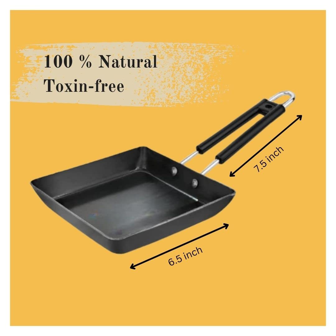 Being One Japanese Omelette Pan| Small Pan For Omelette| Square Frying Pan Mini Frying Pan Iron Omelette Pan With Steel Handle | Egg Pan| Coating Free Cookware | - 1 Count, Black