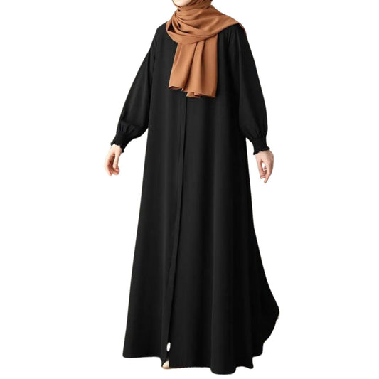 Bashariya Front Open Zipper Abaya n Firdaus Fabric |Smocking Sleeves |Fabric Belt| and Complimentary Hijab (XXL, Black)