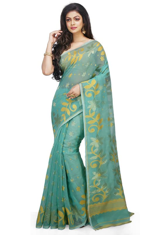 BENGAL HANDLOOM Women's Cotton Silk Flower Dhakai Allover Soft Jamdani Sarees, Blue