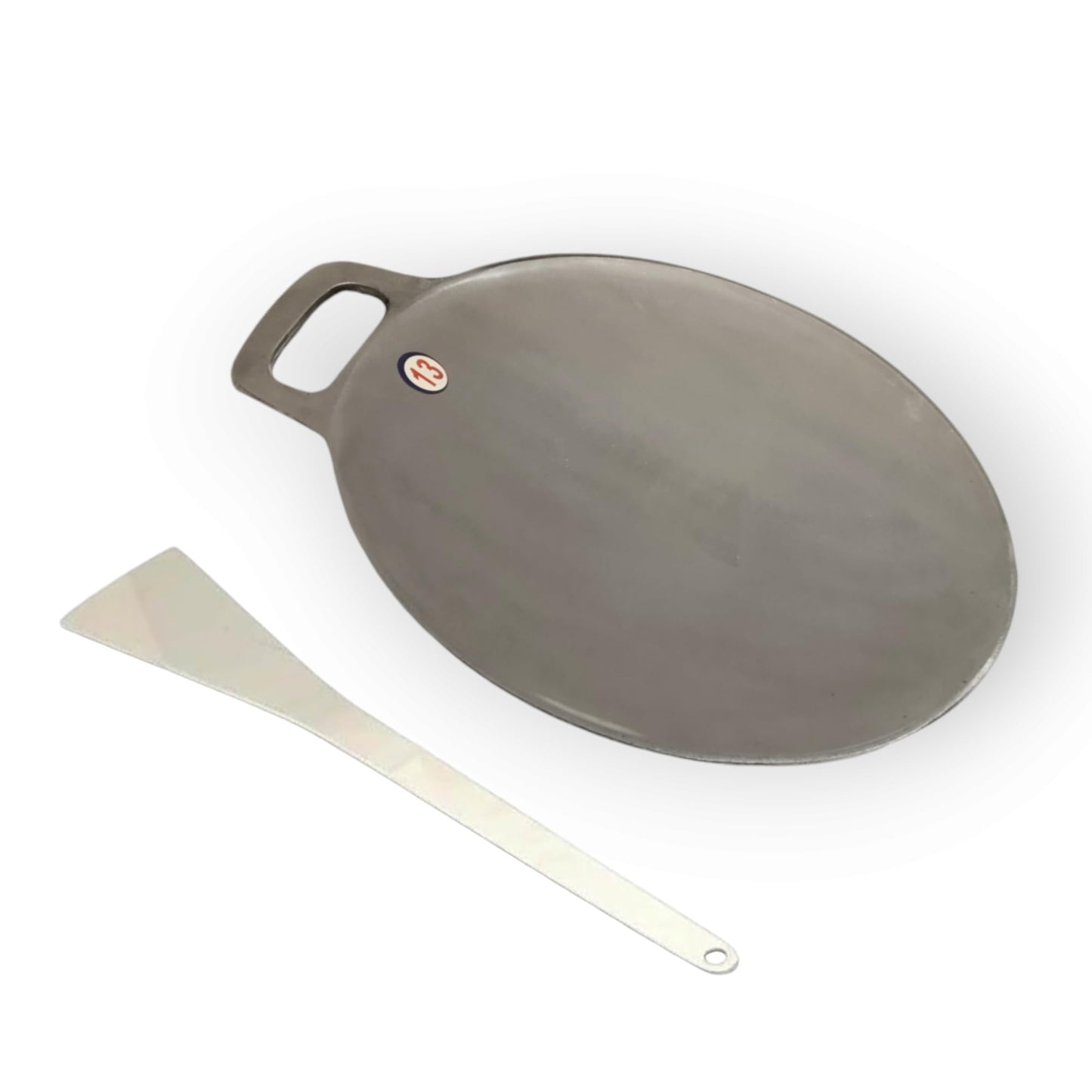 Trishav Indolium Dosa Kallu | Indolium Polished Dosa Tawa - Single Handle Dosa kal - 13 Inch with Stainless Steel Classic Palta-Turner- Silver