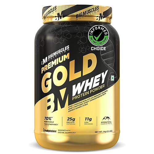 Bigmuscles Nutrition Premium Gold Whey [1Kg] | Informed Choice UK Certified | Isolate Whey Protein Blend | 25g Protein | 11g EAA | ProHydrolase Enzyme Technology [Café Latte]