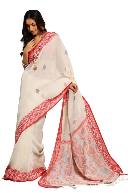 Aditri Jamdani Handloom Jamdani On Linen Women's Saree: Elevate Your Style With Timeless Elegance And Grace, Perfect For Every Occasion And Celebration! (Ethnic Motifs)