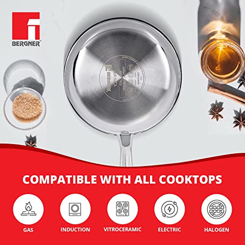Bergner TriPro Tri-ply Stainless Steel Saucepan with Stainless Steel Lid 18 cm, 2.45 Litre, Induction Base, Silver