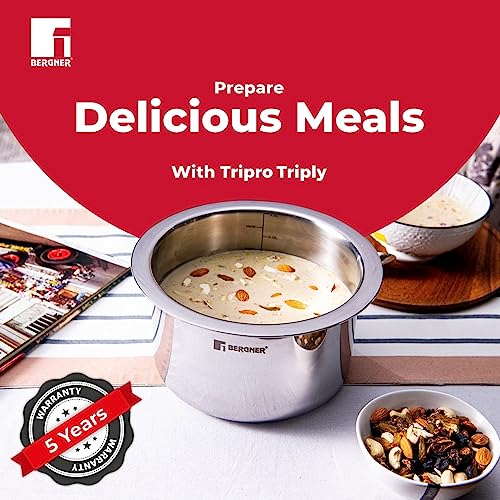 BERGNER Tripro Triply Stainless Steel Tope/Patila with Stainless Steel Lid, 16 cm, 2.1 Litre, Induction Base, Silver