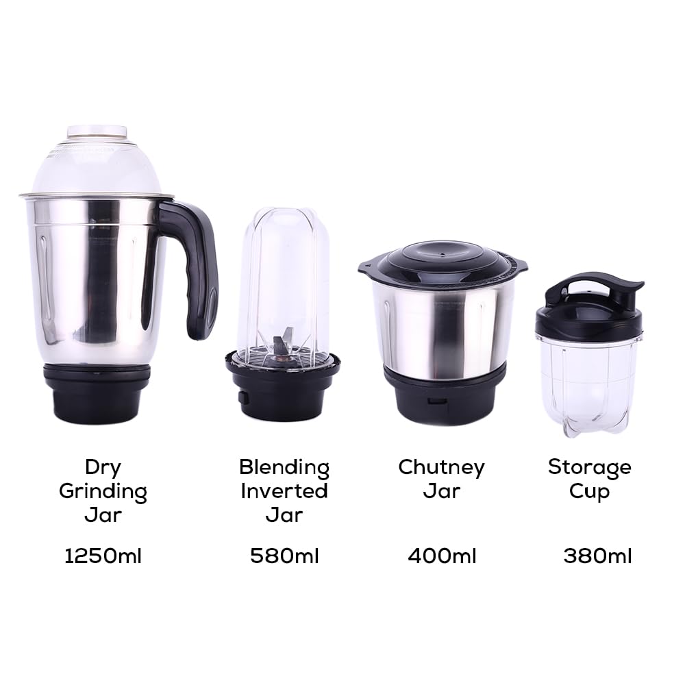 Wonderchef Acura Blender Pro Mixer Grinder 500W, 230V~50Hz, 4 Jars(2 Stainless Steel + 2 Polycarbonate Jars), Black & Blue, 2 Years Warranty by Wonderchef