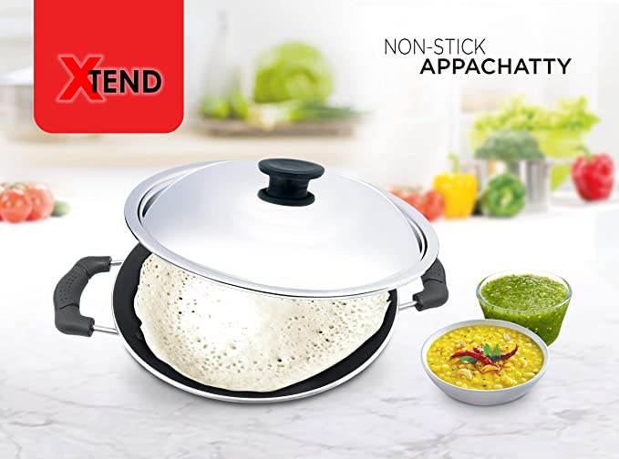 Xtend Supreme Non-Stick Appachatty/Appachatti/Appachetty with Stainless Steel Lid Appachatty with Lid 1.5 L Capacity 22 cm Diameter (Aluminium, Non-Stick)
