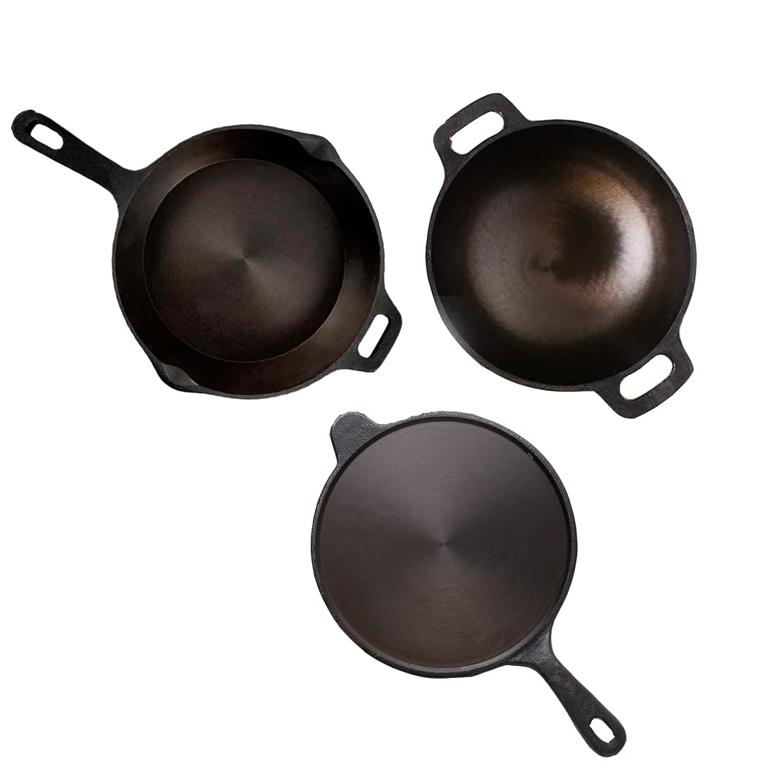The Indus Valley Super Smooth Cast Iron Cookware Set | Tawa (26.2 Cm) + Kadai (26.1 Cm) + Fry Pan (24.8 Cm) | Pack Of 3 | Pre-Seasoned Cookware, 100% Pure & Toxin-Free, No Chemical Coating, Black