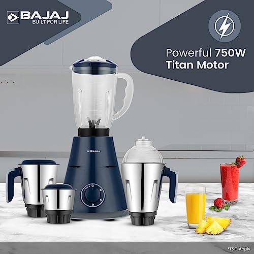 Bajaj Ninja Series Trinity 750W 4 Jar Mixer Grinder| DuraCut Blades by Bajaj|Powerful 750W Titan Motor| 3-SS Jars & 1 Juicer Jar| 5-Yr Warranty by Bajaj| Royal Blue