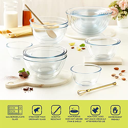 Borosil Glass Serving & Mixing Bowls with Lids, Oven & Microwave Safe Bowls, Set of 3 (500 ml + 900 ml + 1.3 L), Borosilicate Glass, Clear