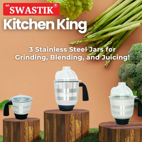 Sri Swastik Kitchen King 1100W Mixer Grinder - Powerful 3-Jar Set with Stainless Steel Jars, Copper Motor, Silent Operation, and Overload Protection