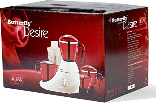 Butterfly Stainless Steel Desire Mixer Grinder with 4 Jars (Red and White), 760 Watt