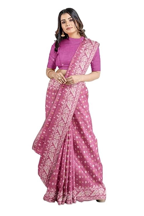 Anchol Saree Women's Traditional Bengal Cotton Silk Jamdani Saree. (Deep Pink)