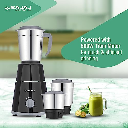 Bajaj Gx 1 Mixer Grinder,500W Titan Motor,3 Jars,2 In 1 Function Blade, Black
