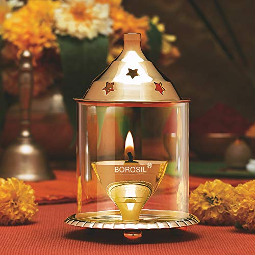 Borosil Akhand Diya Decorative Brass Glass Oil Lamp | Tea Light Holder | Diya with Borosilicate Glass | Puja Dia for Mandir | Lantern Diya with Glass Cover | Medium Size