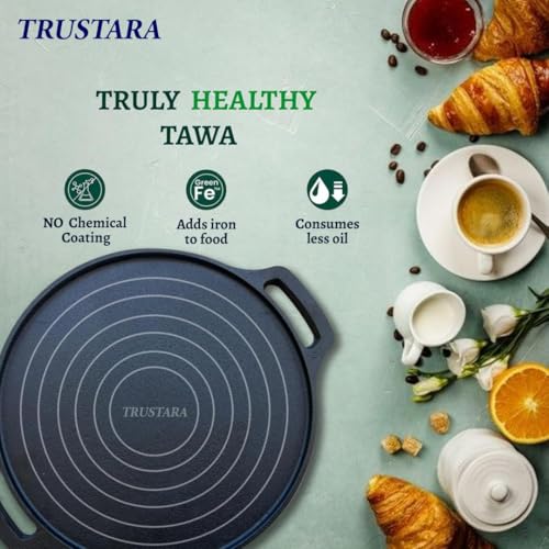 TRUSTARA Premium Cast Iron Tawa - 29cm, 2.6kg | 6-Layer Pre-Seasoned Natural Oil Coating, Non-Stick Tawa for Dosa, Uthappam, Roti, Chapati, Naan, Gas & Induction Friendly |7 Years Warranty =A21