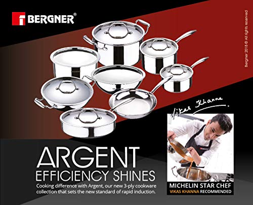 BERGNER Argent Tri-Ply Stainless Steel Casserole With Stainless Steel Lid (22 Cm, 4.1 Litres, Induction Base, Silver),Non-Stick, 4.1 Liter