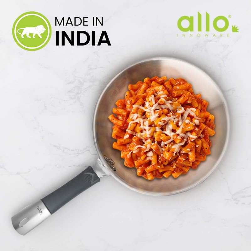 Allo Stainless Steel Triply Fry Pan/Skillet for Curry/Stir-Fry/Deep-Fry/DryVeg/Sauté/Cooking Induction Friendly, Naturally Non-Stick with Handle Steel Pan | 10 Years Warranty, 24cm, 2 litres