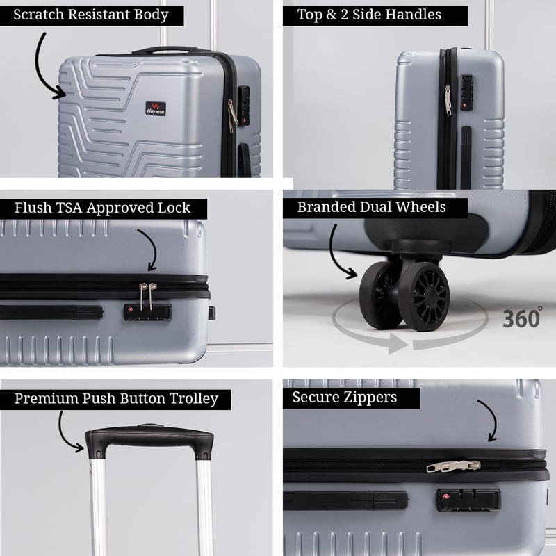 WAYWISE ScaleX Checkin Luggage|India's First Built in Weighing Scale Handle| M-65cm|TSA Lock | Poly-Carbonate Hardsided Anti-Scratch| 8 Wheel Luggage |with Laundary Bag |5 Years Warranty (Silver)