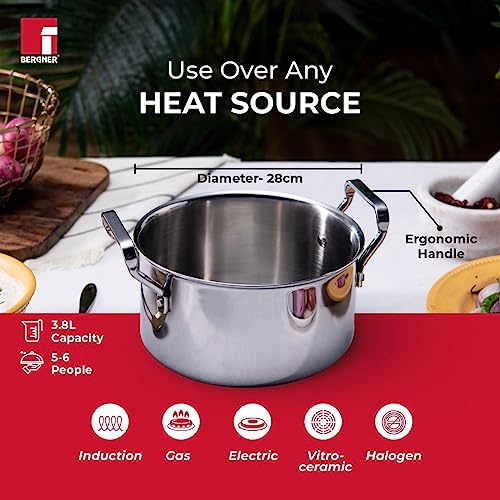 Bergner Tripro Triply Cook and Serve Casserole/ Biryani Pot/ Handi with Stainless Steel Lid, 28 cm, 3.8 Litres, Heavy Bottom Induction and Gas Ready, New Improved Handles for firmer Grip, Silver