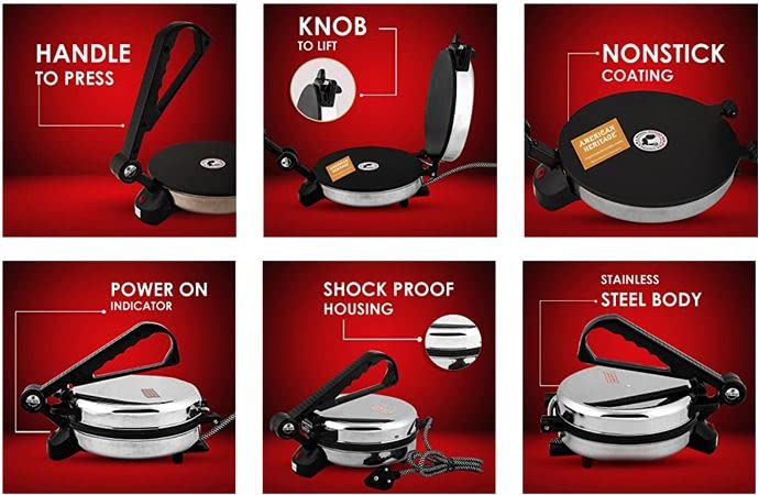 BAJAJ VACCO Go-Ezzee Chapati/Roti/Khakhra Maker C-02 Wattage 900, Stainless Steel, Black, 900w