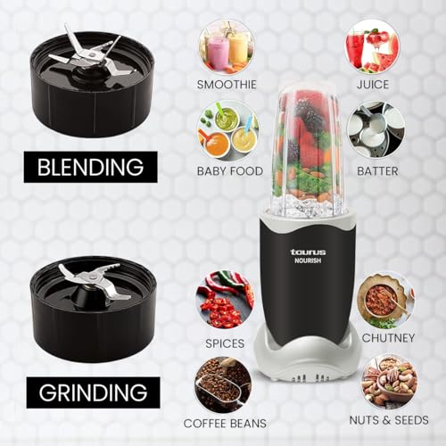 Taurus Nourish Mixer Grinder|5 Jar&2 Storage Jar For Smothies,Coffee,Dry fruits & Wet Grinding|600 W,Copper Motor|3 Blades Including Froth Blade with 2 Sipper & 1 Seasoning Cap|2 Yr Warranty