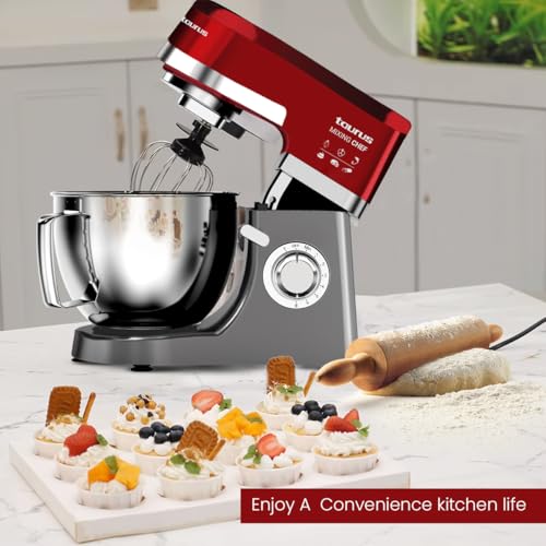 Taurus Stand Mixer 1200W with Copper Motor|5.3L SS Bowl |Metal Gear for Stability|8 Speed Setting Includes Whisking Cone, Mixing Beater,Dough Hook & Splash Guard|Dough Atta Maker Machine (Mixing Chef)