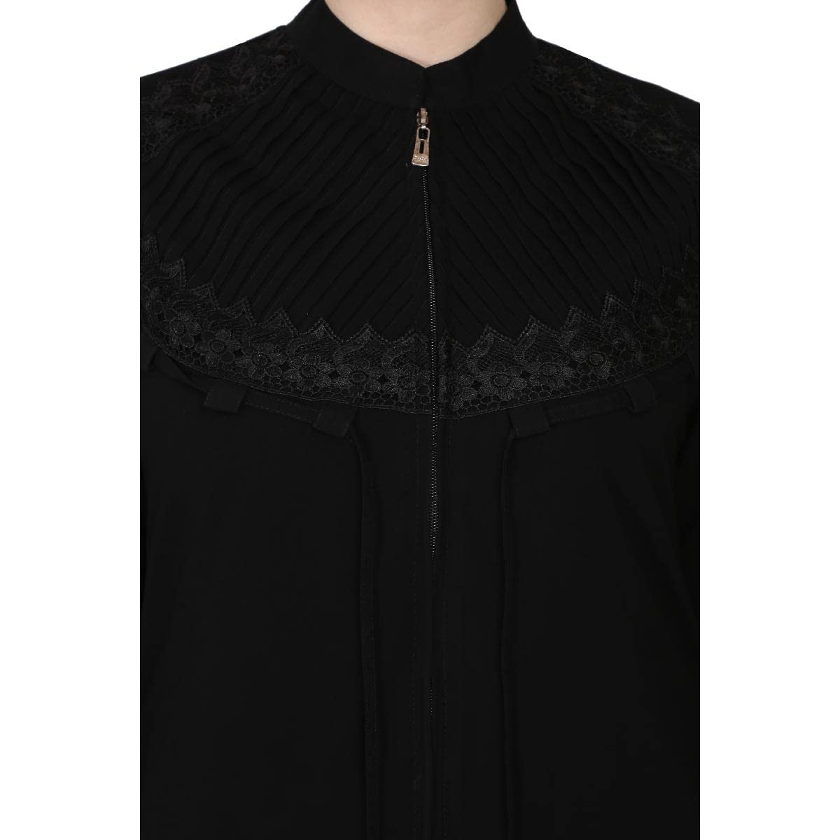 BT - Being Traditional Women’s Front Open Pleated Abaya in Nida Matte Fabric with Lace Work & Zipper Closure (2XL, Black)