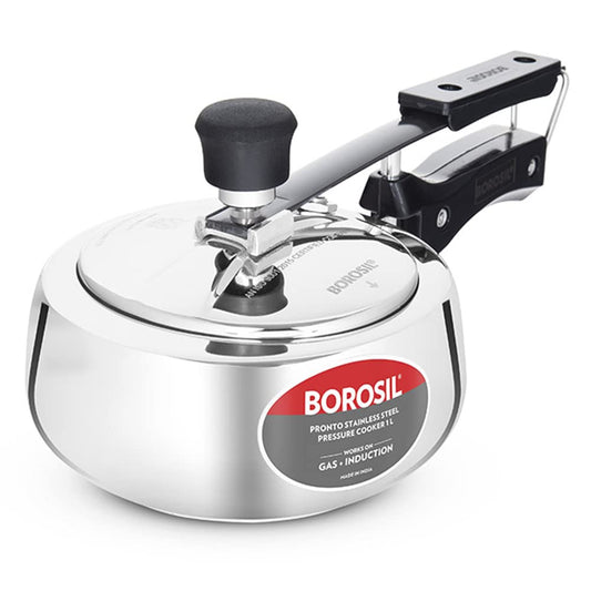 Borosil Pronto 1 L Inner Lid Stainless Steel Pressure Cooker | 6.8 mm Thick Base, Even Heat Distribution | Gas & Induction Campatible | 5 Years Warranty
