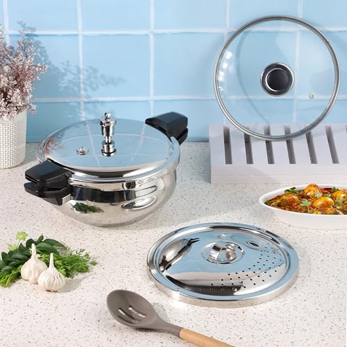 Vinod Stainless Steel Sandwich Bottom Magic Outer Lid Pressure Cooker, 3.5 Liter, Silver