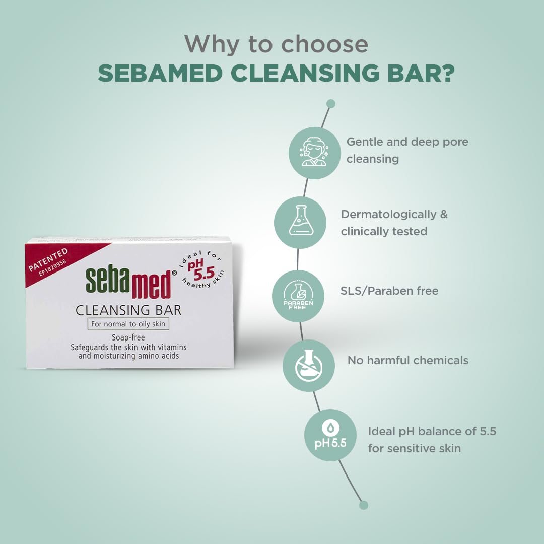 SebaMed Cleansing Bar, Ph5.5, Gentle, Non Drying, Soap Free, Moisturizing Bath, Vitamins & Amino Acids L Free From Phthalates, Dermatologically & Clinically Tested L Ideal, 100 Gm