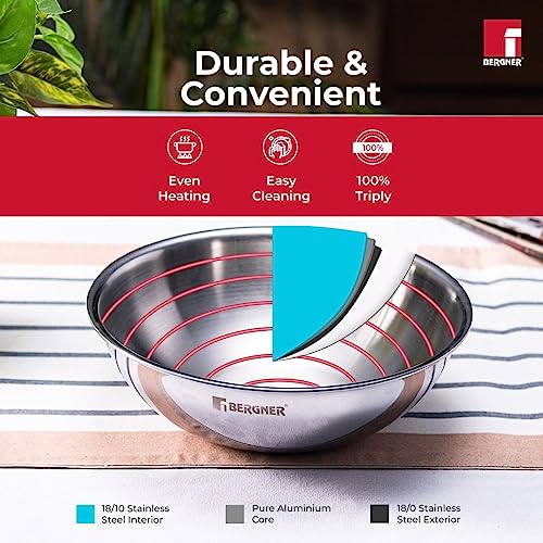 Bergner Tripro Triply Stainless Steel Cook and Serve Tasla/ Tasra Kadai / Handleless Wok with Lid, 20 cm, 2.1 Litres, Flared Rim, Heavy Bottom, Induction and Gas Ready, Silver