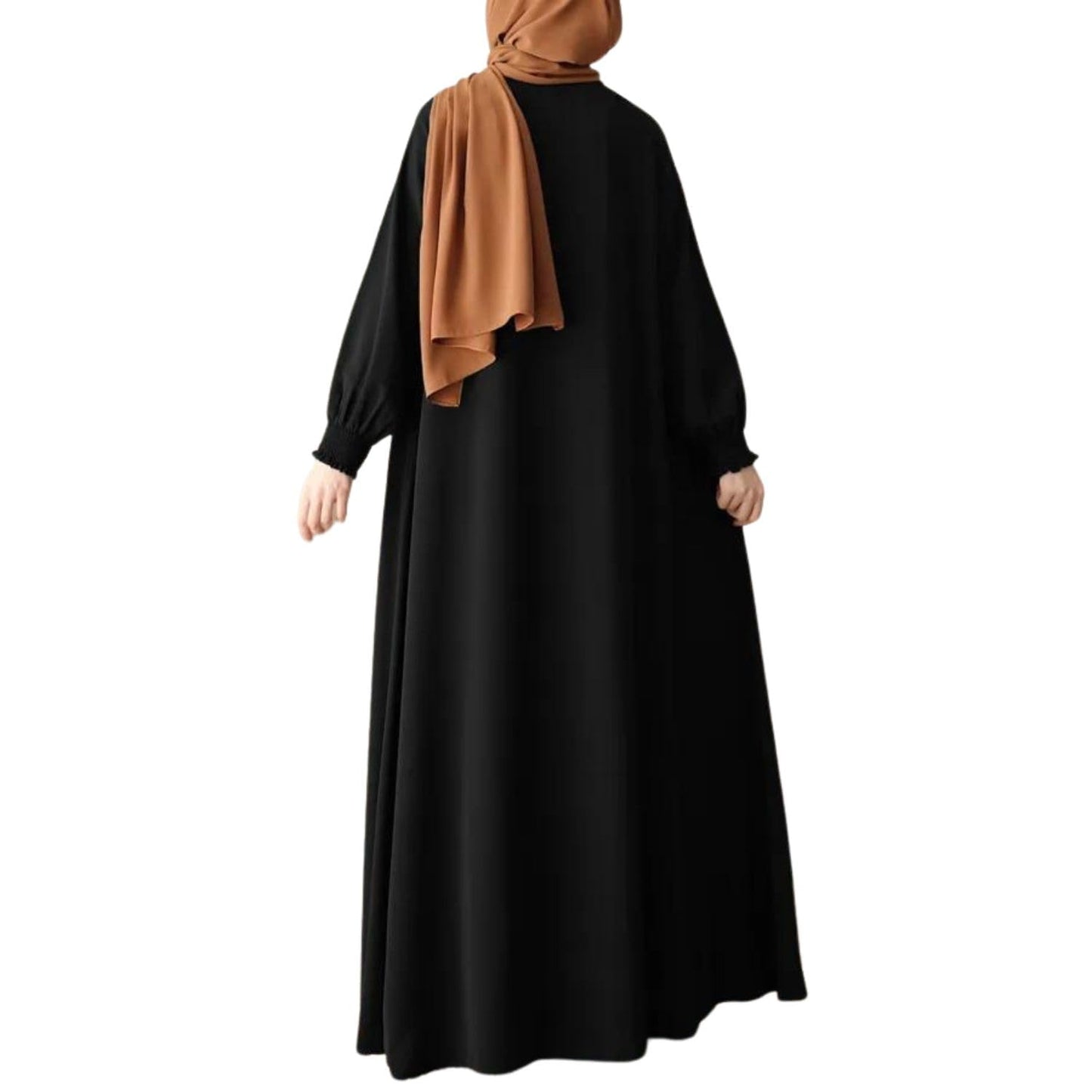 Bashariya Front Open Zipper Abaya n Firdaus Fabric |Smocking Sleeves |Fabric Belt| and Complimentary Hijab (XXL, Black)