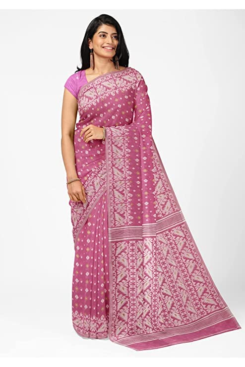 Anchol Saree Women's Traditional Bengal Cotton Silk Jamdani Saree. (Deep Pink)