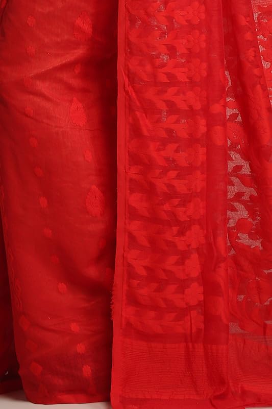 BENGAL HANDLOOM Women's Cotton Silk Dhakai Bbd1 Soft Jamdani Sarees, Red