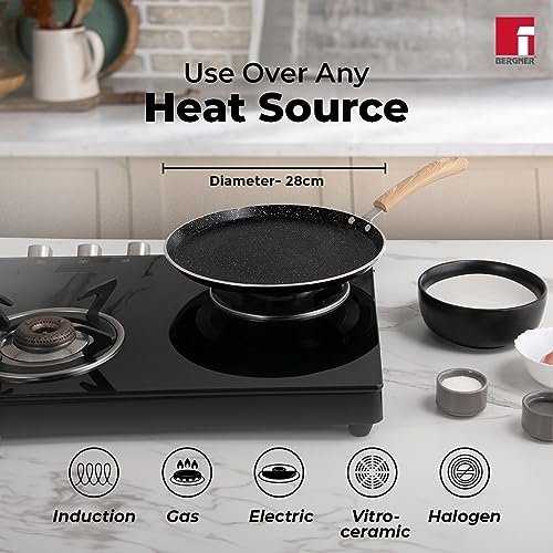 Bergner Bellini Plus Aura 5-Layer Non-Stick 28 cm Dosa Tawa, Soft Touch Wooden Finish Handle, Food Safe, PFOA Free, Even Heat Distribution, 4mm Thickness, Induction Bottom, 1-Year Warranty - Black