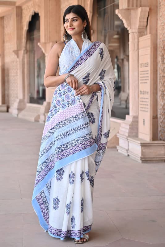 Shivanya Handicrafts Women's Hand Block Print Mulmul Cotton Sarees with Attach Blouse Piece (SH-1444, White)