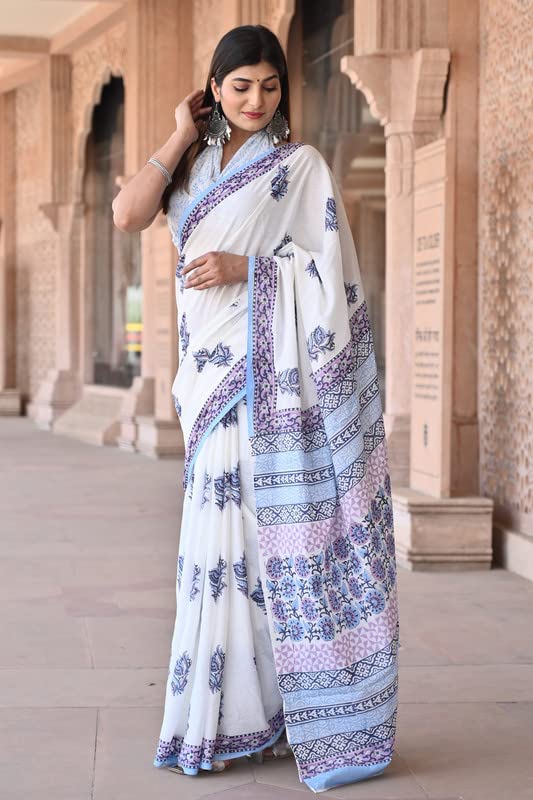 Shivanya Handicrafts Women's Hand Block Print Mulmul Cotton Sarees with Attach Blouse Piece (SH-1444, White)