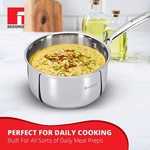 Bergner TriPro Tri-ply Stainless Steel Saucepan with Stainless Steel Lid 18 cm, 2.45 Litre, Induction Base, Silver