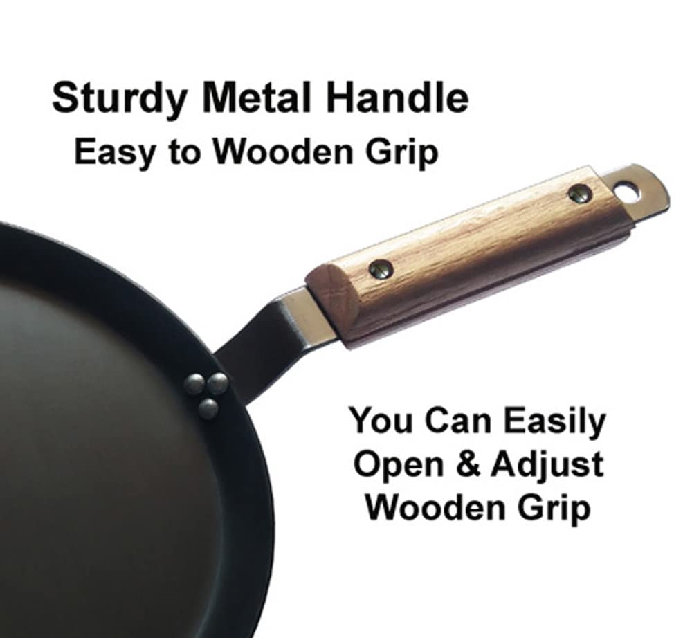 amicus Kitchen Premium Iron Tawa for Dosa Roti Chapati, Flat Iron Tava with Wooden Handle, Induction Friendly,10 Inch,1.2 Kg, Black