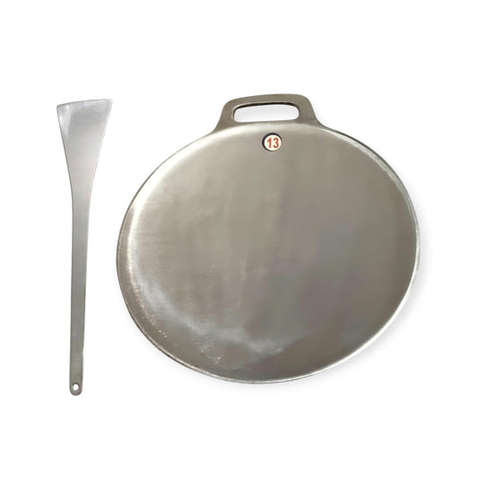 Trishav Indolium Dosa Kallu | Indolium Polished Dosa Tawa - Single Handle Dosa kal - 13 Inch with Stainless Steel Classic Palta-Turner- Silver